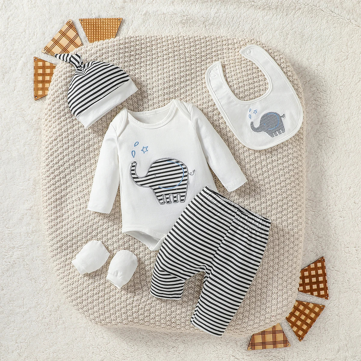 Baby Boy's Full Cartoon Elephant with 4pcs - Pantsuit +Hat +Gloves+Bib