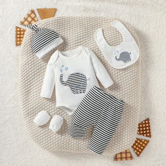Baby Boy's Full Cartoon Elephant with 4pcs - Pantsuit +Hat +Gloves+Bib