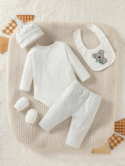 Baby Boy's Full Cartoon Elephant with 4pcs - Pantsuit +Hat +Gloves+Bib